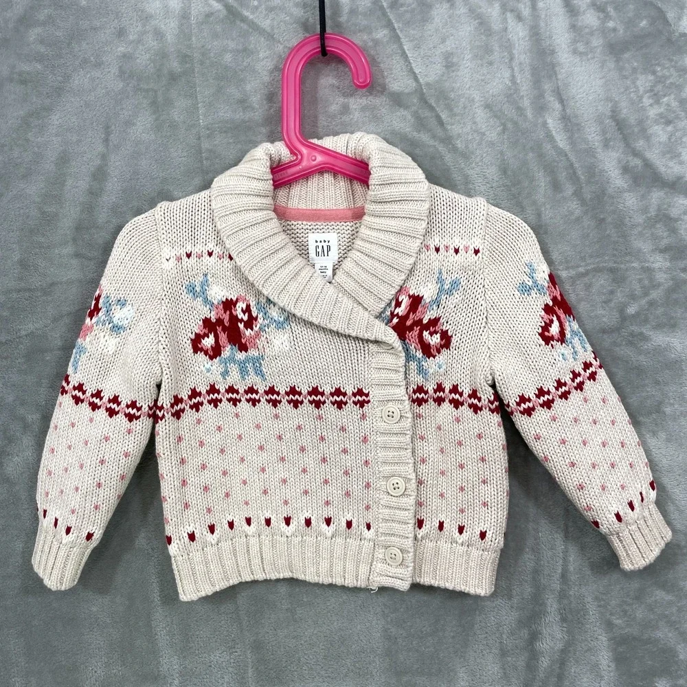 Baby Gap 12-18 Months Cardigan Sweater Oatmeal Cotton Knit‎ Floral Preppy